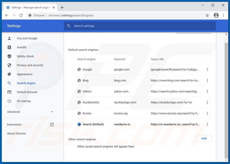 nearbyme.io von der Google Chrome Standardsuchmaschine entfernen