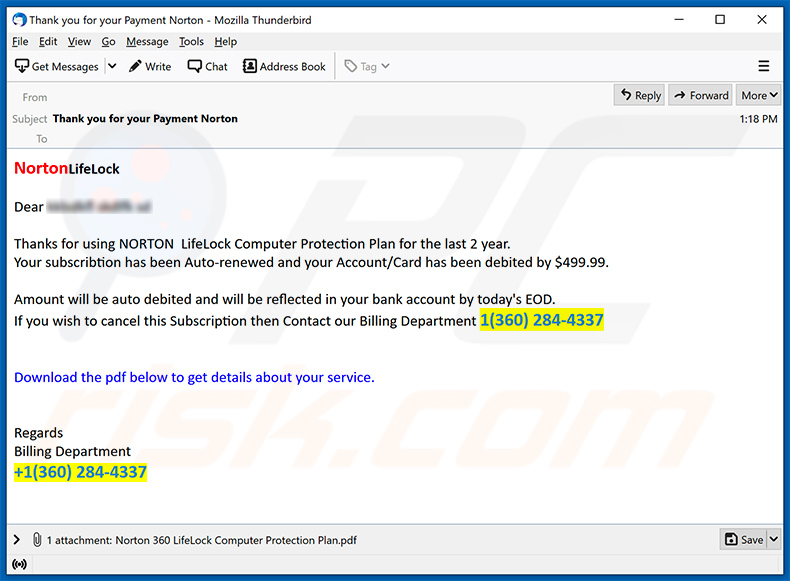 Spam-E-Mail mit dem Thema Norton fördert einen Phishing-Betrug (2021-05-27)