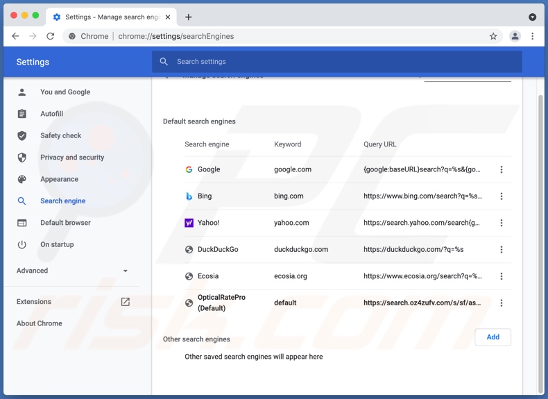 OpticalRatePro Browserentführer Suchmaschine (search.oz4zufv.com) bei Chrome als Standard eingestellt