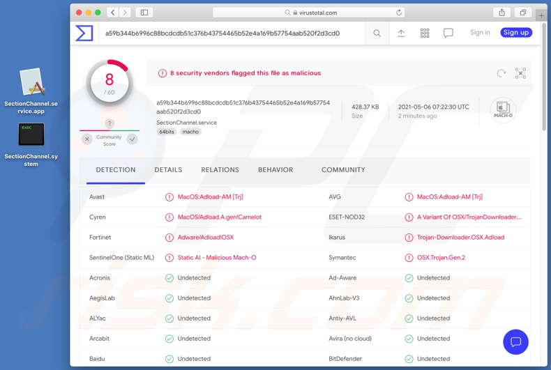 SectionChannel Adware Erkennungen auf VirusTotal