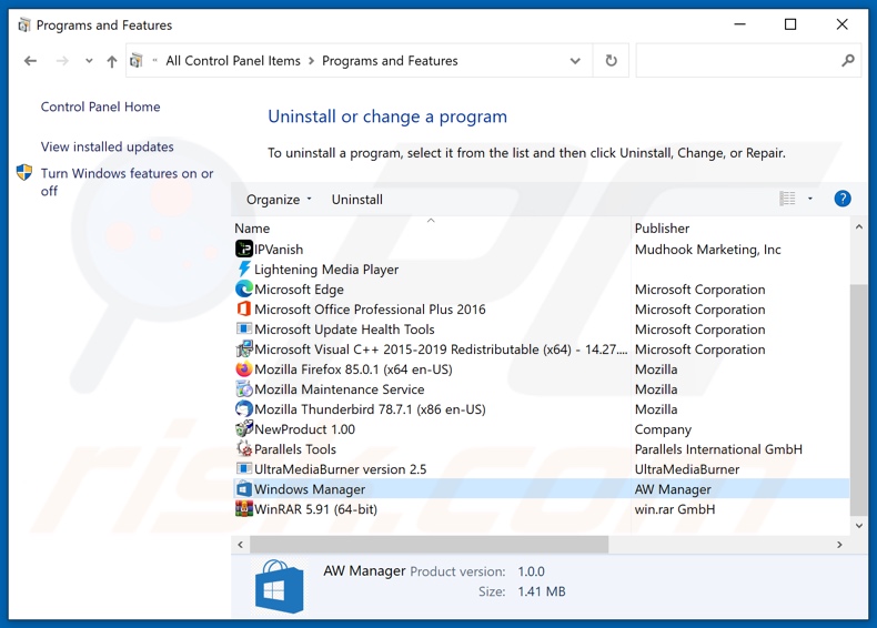 Windows Manager Adware Deinstallation über Systemsteuerung