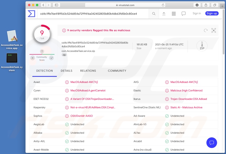 AccessibleTask Adware Erkennungen auf VirusTotal