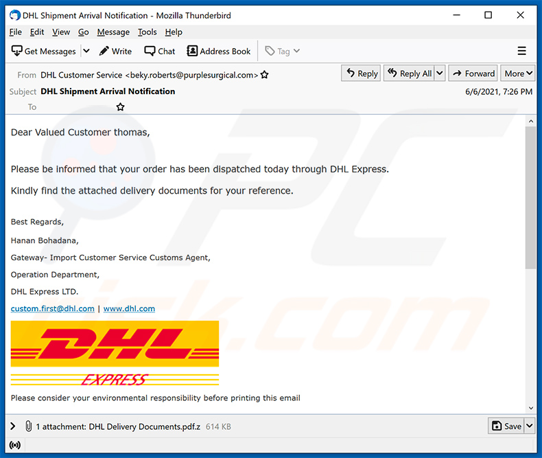 Spam-E-Mail mit DHL Express-Thema, die Agent Tesla verbreitet (2021-06-08)