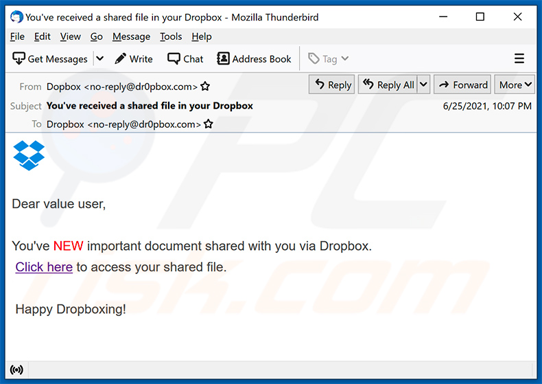 Spam-E-Mail mit dem Thema Dropbox (2021-06-30)