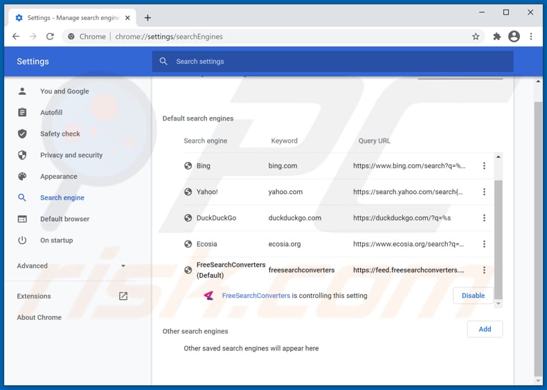 freesearchconverters.com von der Google Chrome Standardsuchmaschine entfneren