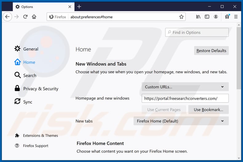freesearchconverters.com von der Mozilla Firefox Startseite entfernen