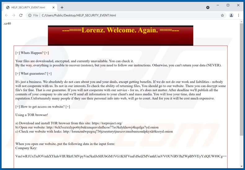 Lorenz Ransomware Lösegeldfordernde Nachricht (HELP_SECURITY_EVENT.html)