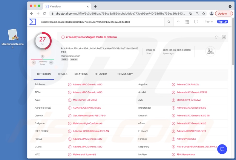 MacRunnerDaemon Adware Erkennungen auf VirusTotal