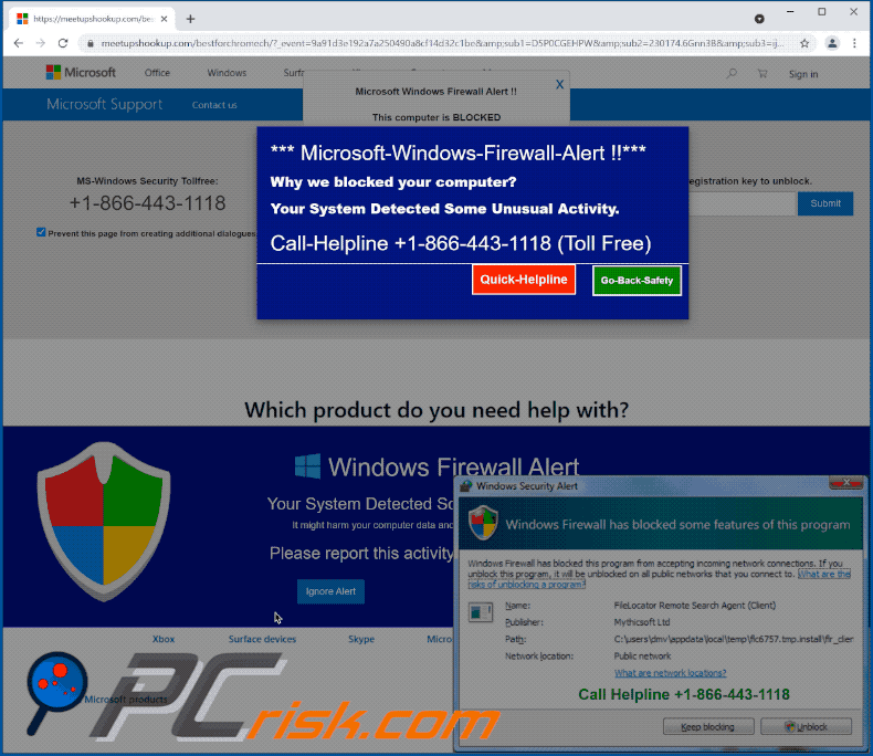 Aussehen des Microsoft Windows Firewall Warnmeldung Pop-up Betrugs (GIF)