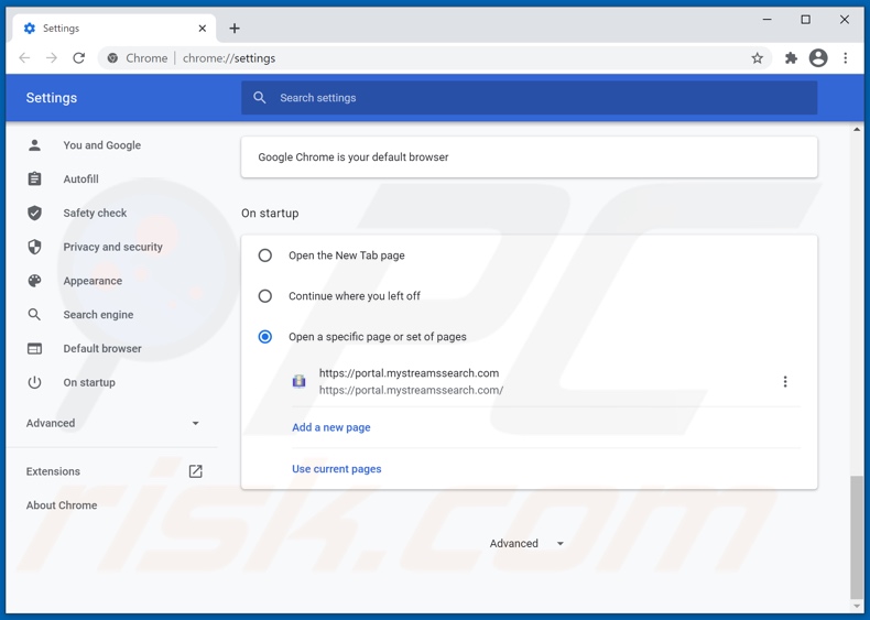  mystreamssearch.com von der Google Chrome Startseite entfernen