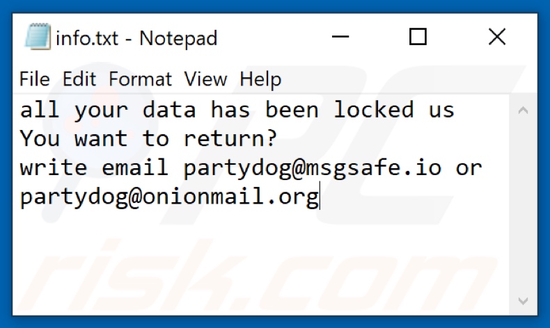 PARTYDOG Ransomware Textdatei (info.txt)