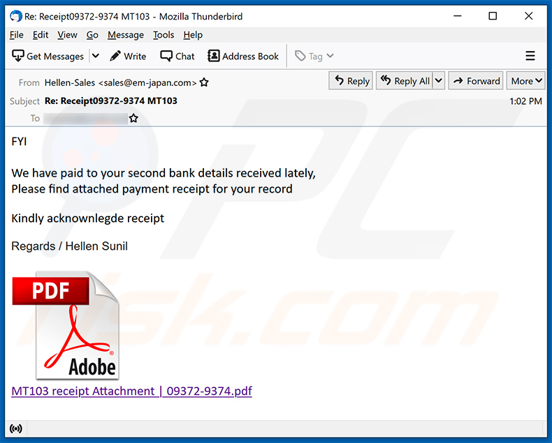 Spam-E-Mail mit dem Thema Bankzahlung zur Förderung einer Phishing-Webseite (2021-07-08)