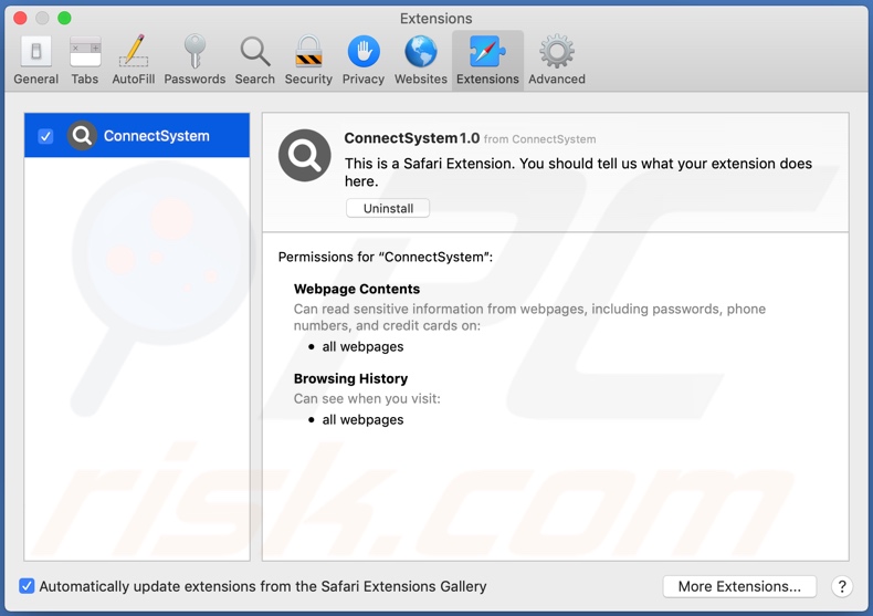 ConnectSystem Adware auf Safari installiert