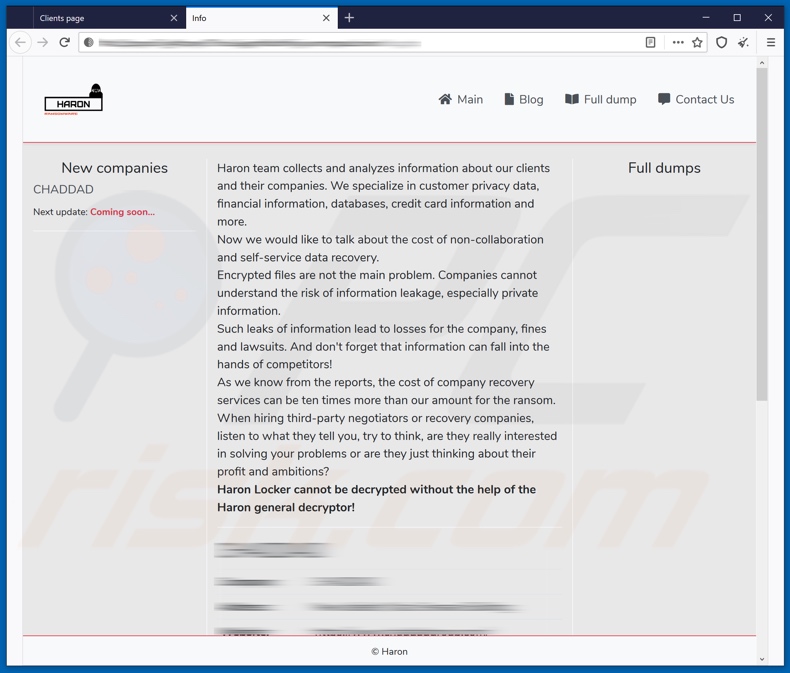 Haron Ransomware datenleakender Blog