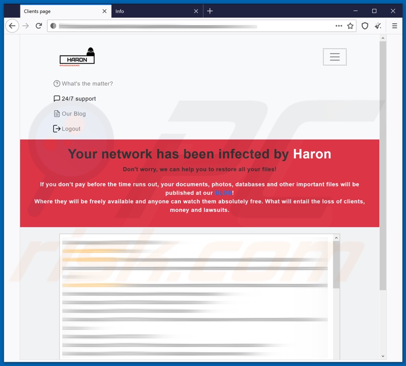 Haron Ransomware die nach der Loginseite angezeigt wird