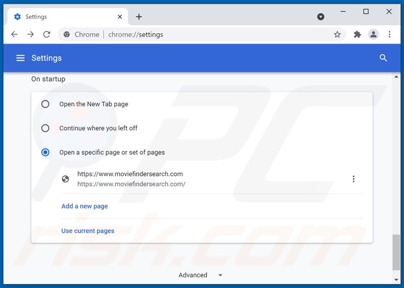 moviefindersearch.com von der Google Chrome Startseite entfernen