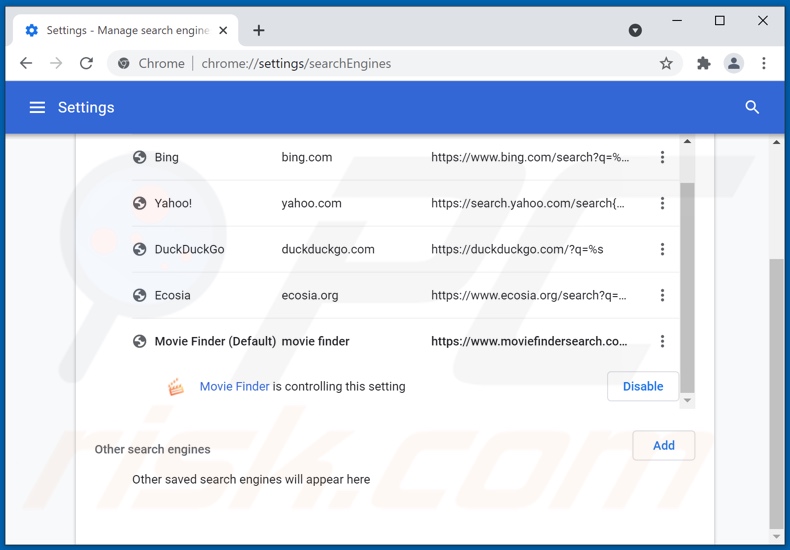moviefindersearch.com von der Google Chrome Standardsuchmaschine entfernen