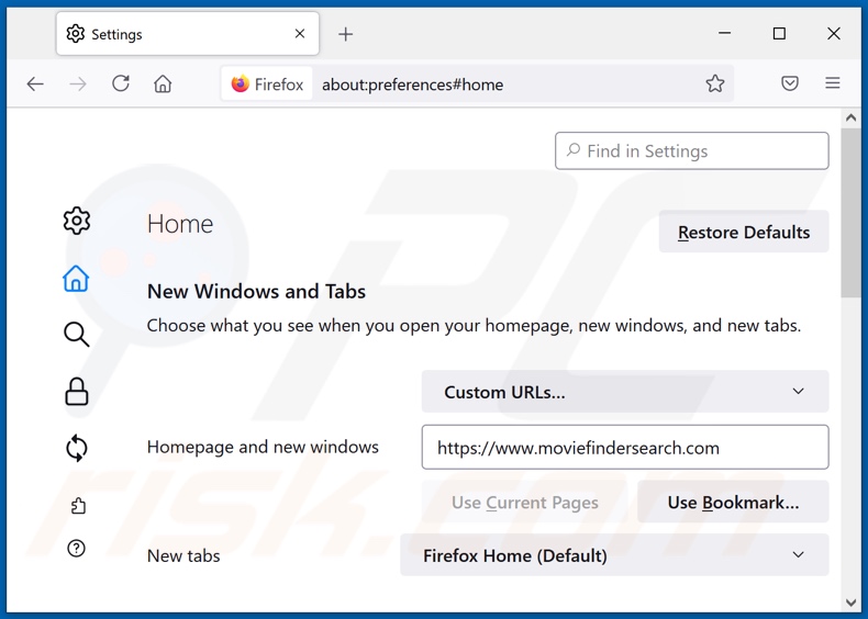 moviefindersearch.com von der Mozilla Firefox Startseite entfernen