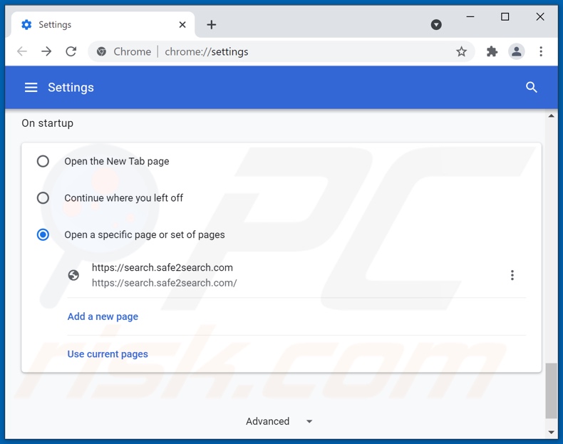 search.safe2search.com von der Google Chrome Startseite entfernen