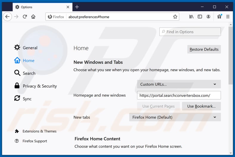 searchconvertersbox.com von der Mozilla Firefox Startseite entfernen