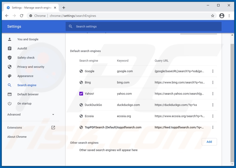 toppdfsearch.com von der Google Chrome Standardsuchmaschine entfernen