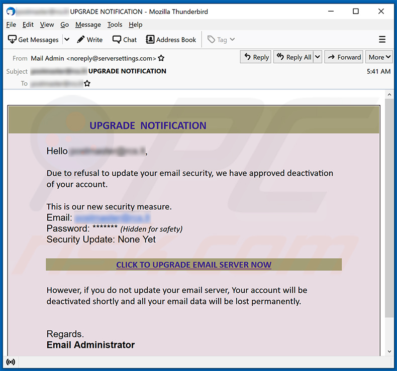 Upgrade Email Spam fördert eine Phishing-Seite