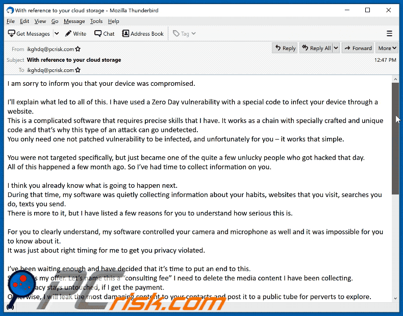 Aussehen des E-Mail Betrugs your device was compromised