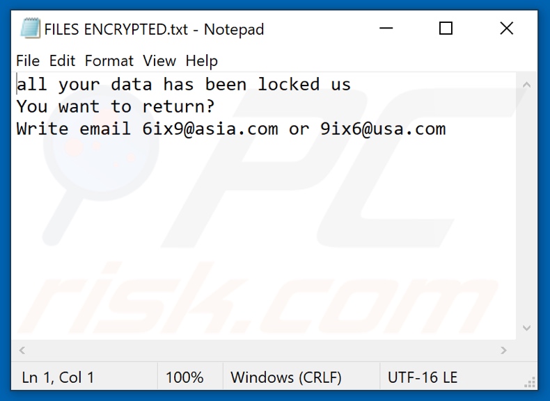 6ix9 Ransomware Textdatei (FILES ENCRYPTED.txt)