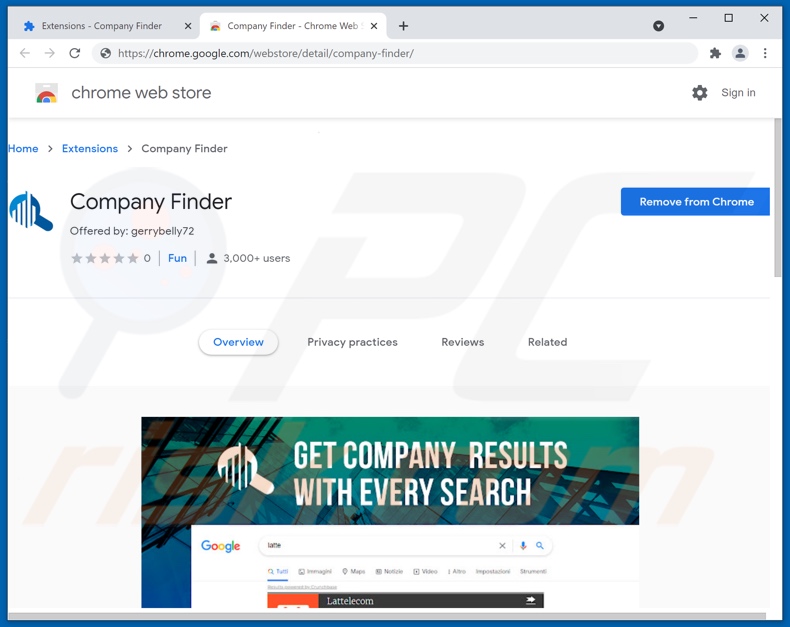 Company Finder Adware im Chrome Web Store