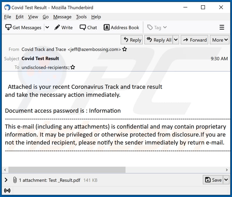 Coronavirus Track and trace result email virus Malware-verbreitende E-Mail-Kampagne