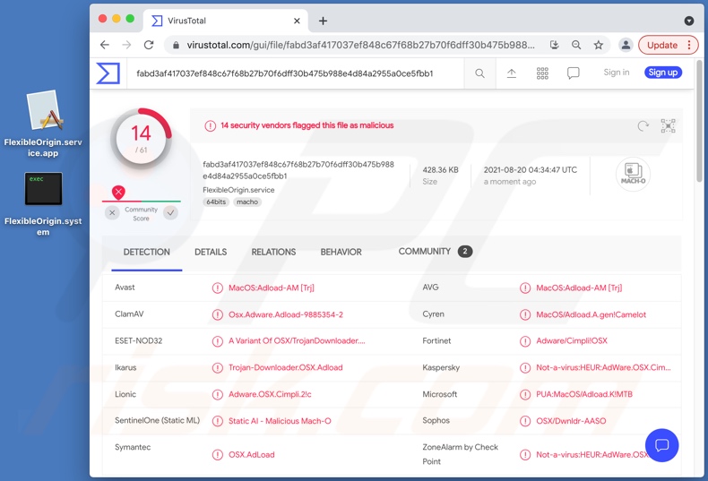 FlexibleOrigin Adware Erkennungen auf VirusTotal