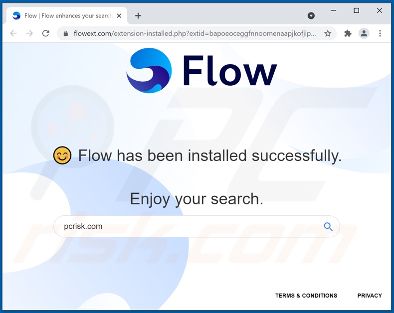 Geöffnete Webseite, nachdem Flow Adware installiert wurde