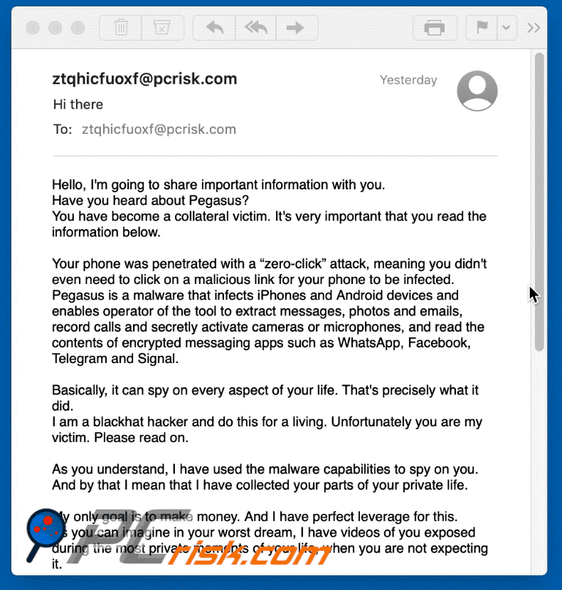 Aussehen des Have you heard about Pegasus? E-Mail Betrugs (GIF)