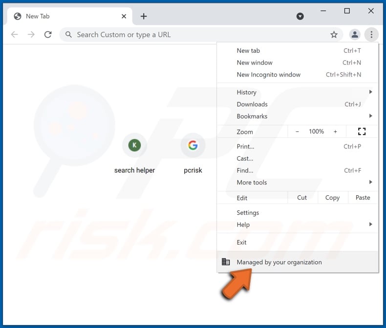 kwiqsearch.com fördernder Browserentführer hat  die Managed by your organization Funktion Chrome hinzugefügt