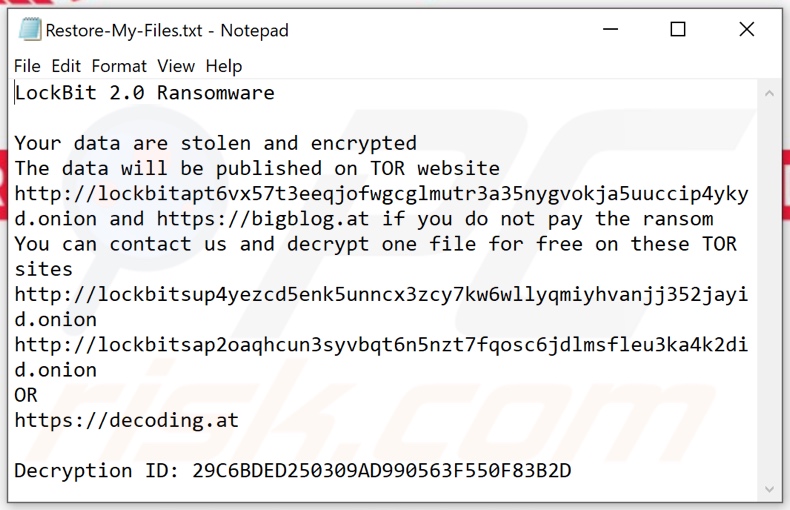 LockBit 2.0 Ransomware Textdatei (Restore-My-Files.txt)