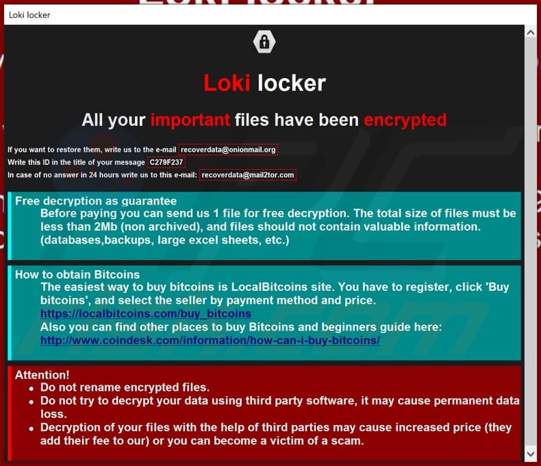 loki locker Ransomware info.hta Dialogfenster