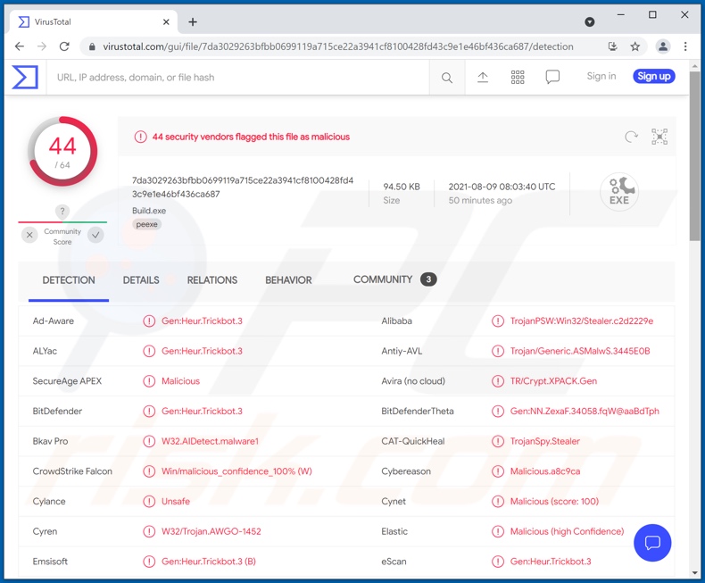 Mars Malware Erkennungen auf VirusTotal