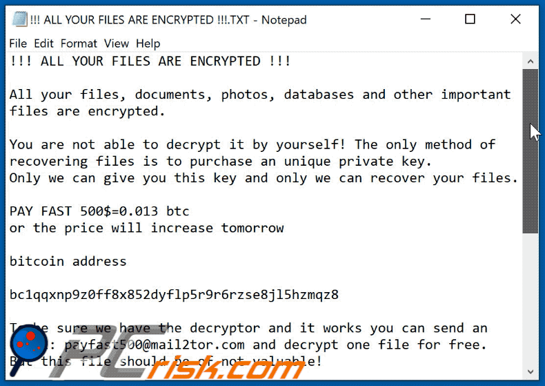 Payfast Ransomware Textdatei GIF (!!! ALL YOUR FILES ARE ENCRYPTED !!!.TXT)