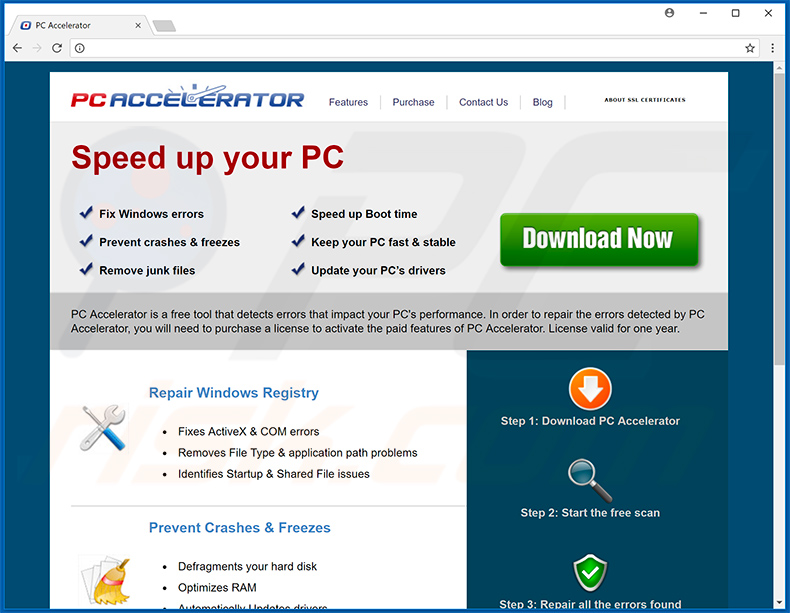 Webseite zur Förderung der unerwünschten Anwendung PC Accelerator