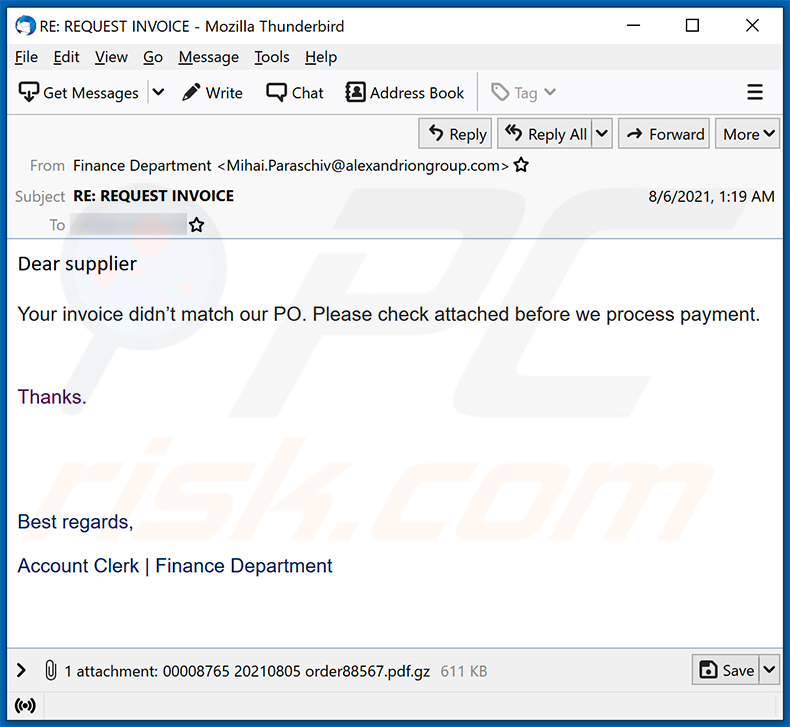 Purchase Order mit dem Thema E-Mail fördert FormBook Malware