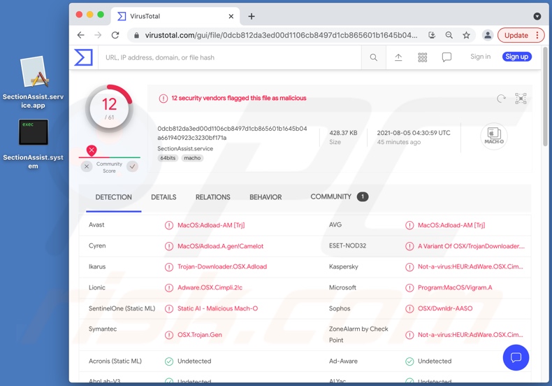 SectionAssist Adware Erkennungen auf VirusTotal