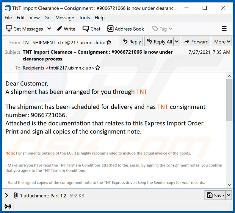 Spam-E-Mail mit dem Thema TNT verbreitet Malware (2021-08-03)