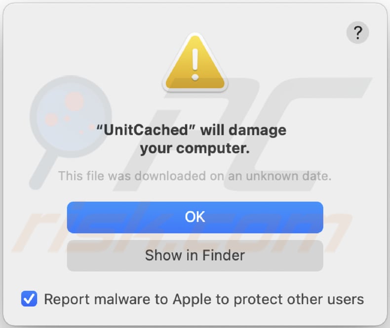 Unitcache Adware Dialogfenster, das erscheint, wenn Unitcach installiert wurde