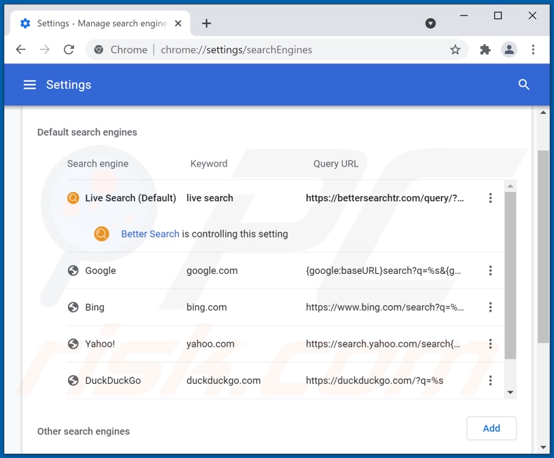 bettersearchtr.com von der Google Chrome Standardsuchmaschine entfernen