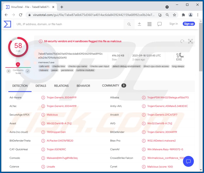 BlueStealer Malware als Bedrohung in Virustotal erkannt