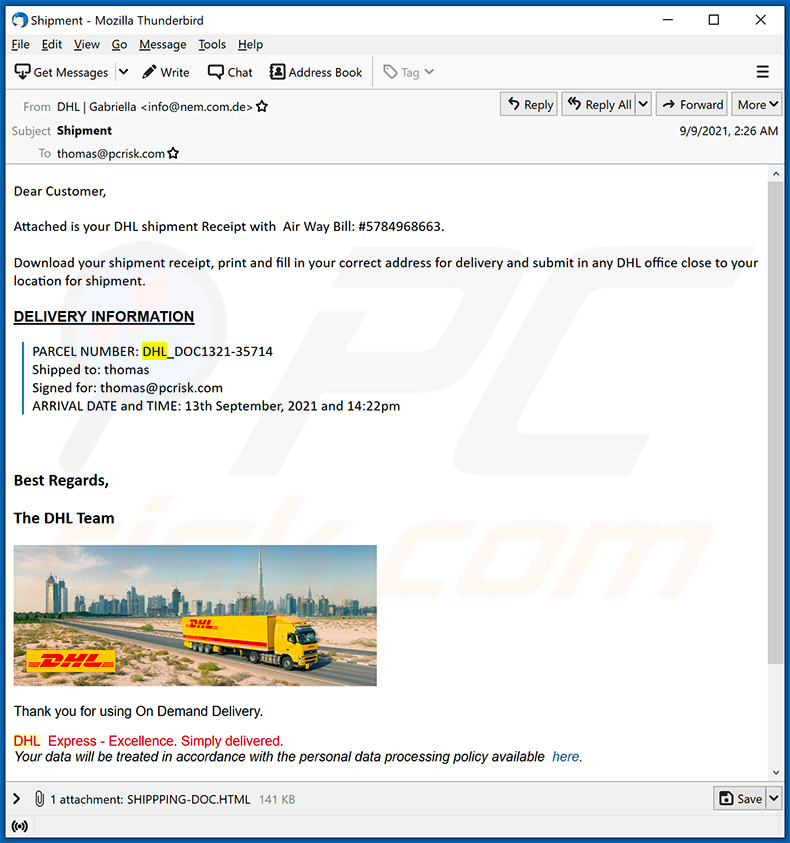 DHL Express Shipment Confirmation E-Mail-Spam (2021-09-10)