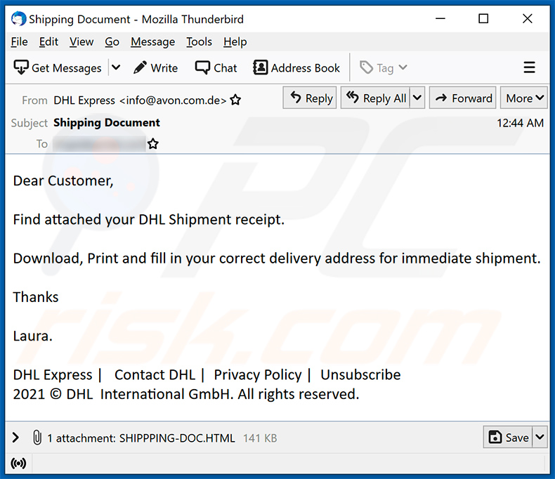 Spam-E-Mail mit DHL Express-Thema, die ein Phishing-HTML-Dokument bewirbt (2021-09-07)