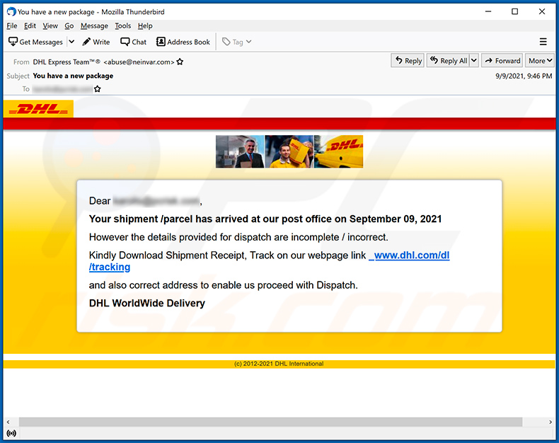 Spam-E-Mail mit DHL Express-Thema, die für eine Phishing-Webseite wirbt (2021-09-10)
