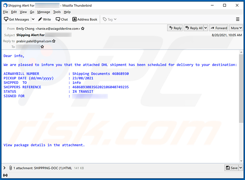 Spam-E-Mail mit dem Thema DHL-Sendung (2021-09-20)
