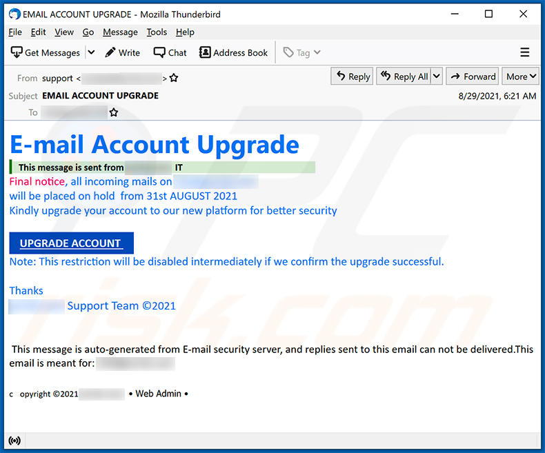 Email account upgrade Spam (2021-09-20)